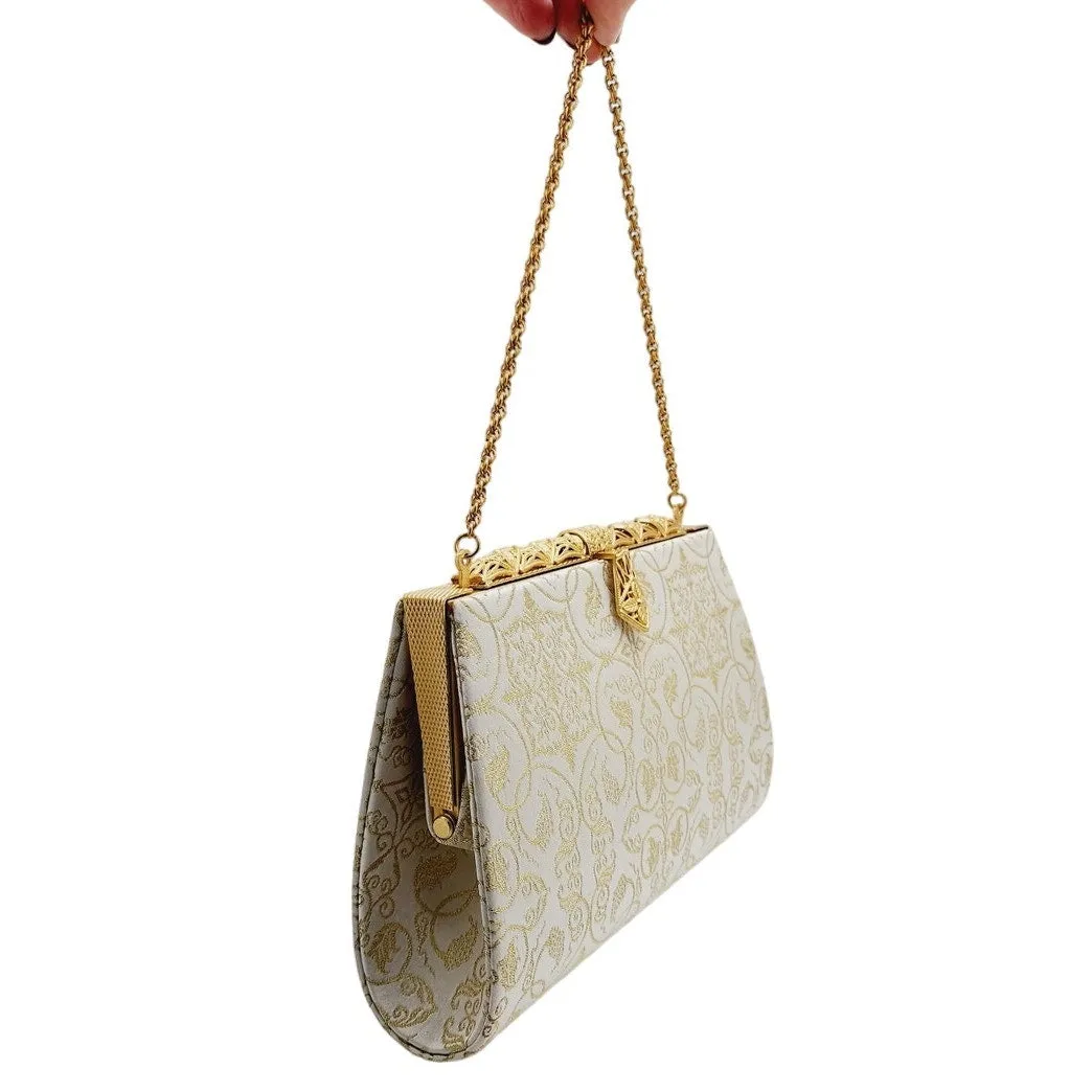 Vintage 50s Evening Bag Cream Silk Gold Baroque Print