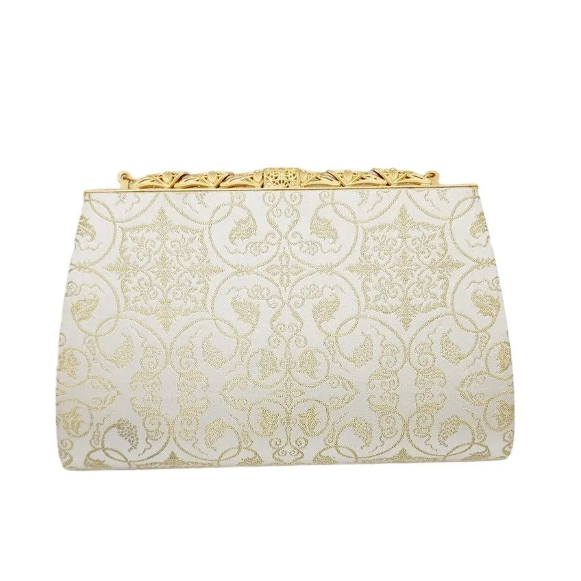 Vintage 50s Evening Bag Cream Silk Gold Baroque Print