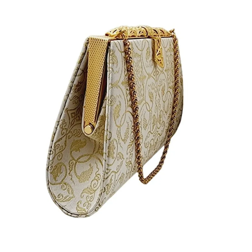 Vintage 50s Evening Bag Cream Silk Gold Baroque Print