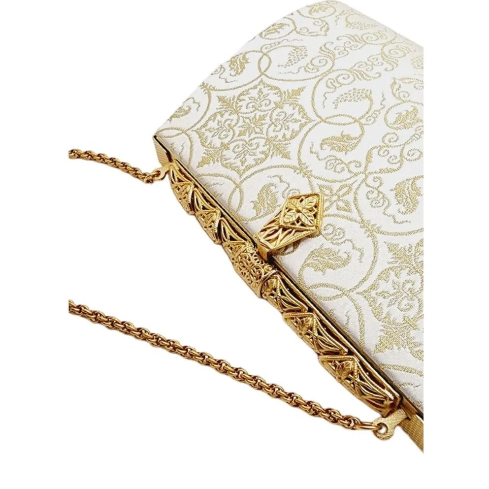 Vintage 50s Evening Bag Cream Silk Gold Baroque Print