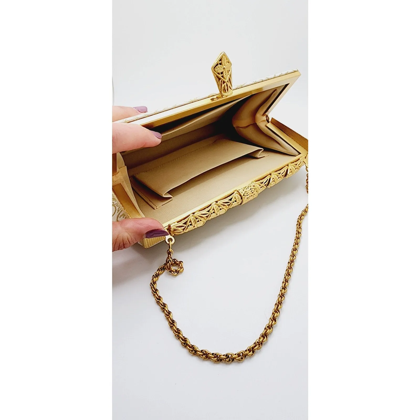 Vintage 50s Evening Bag Cream Silk Gold Baroque Print