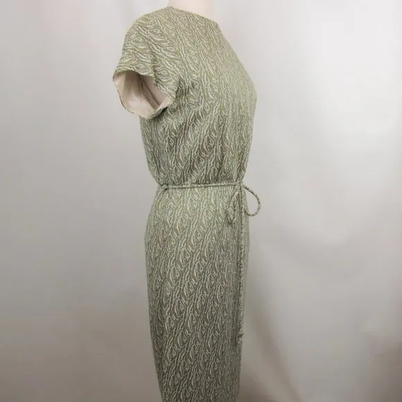 Vintage 60s Women Cocktail Dress Sheath Medium Green Gold Metallic Short Sleeves