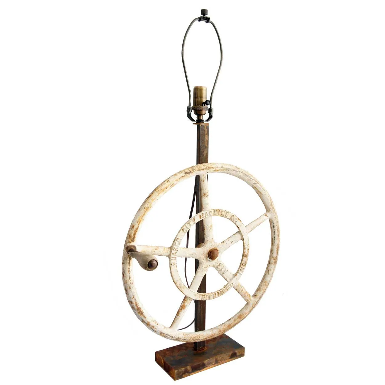 Vintage American Industrial Cast Iron Greenhouse Wheel as a One-Light Table Lamp
