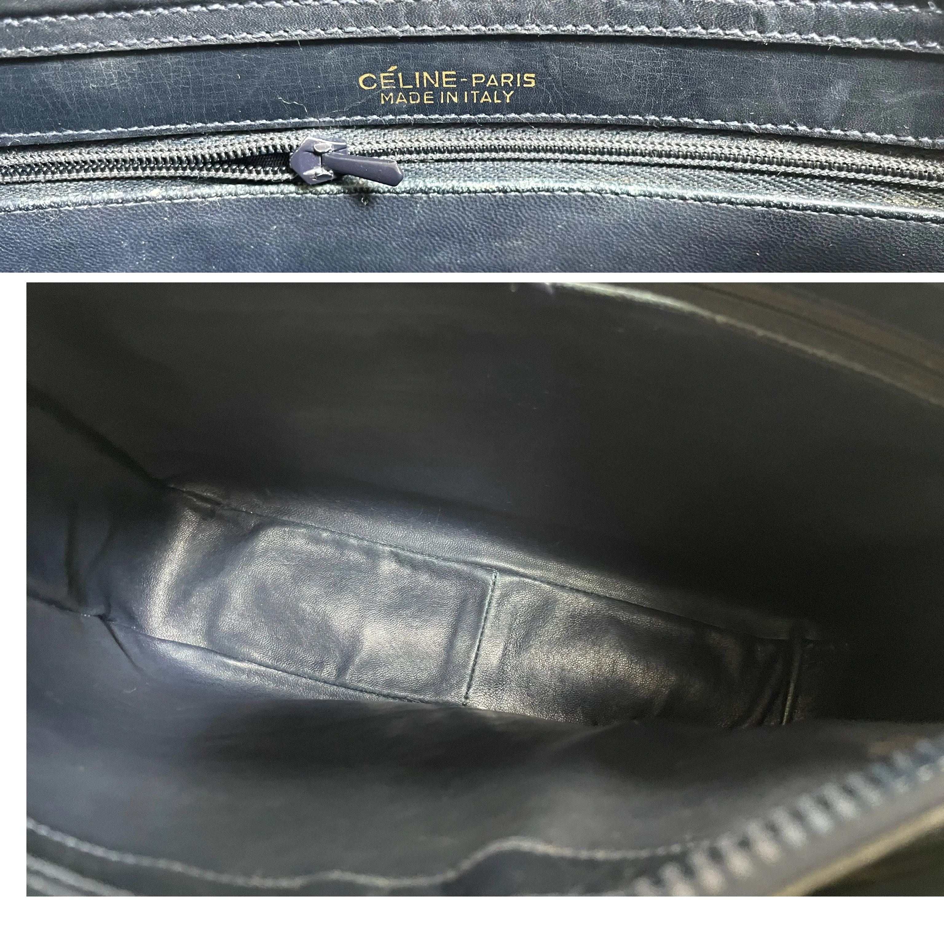 Vintage Celine navy genuine leather shoulder bag with golden logo. Perfect elegance for your daily use. 0410245