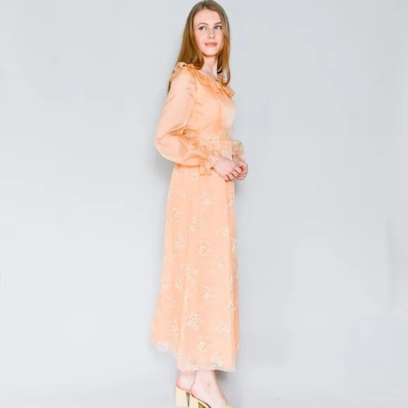 VINTAGE Floral Organza Apricot Maxi Dress XS