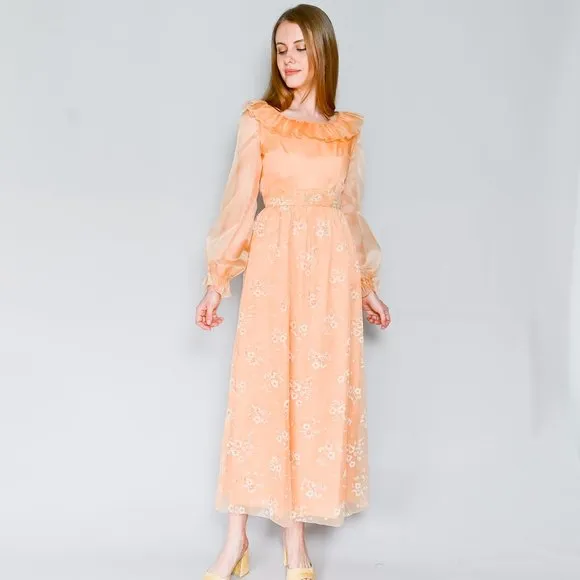 VINTAGE Floral Organza Apricot Maxi Dress XS