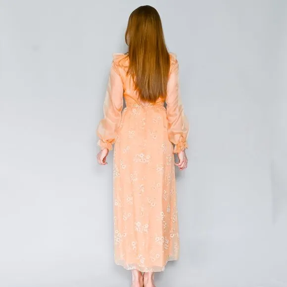 VINTAGE Floral Organza Apricot Maxi Dress XS