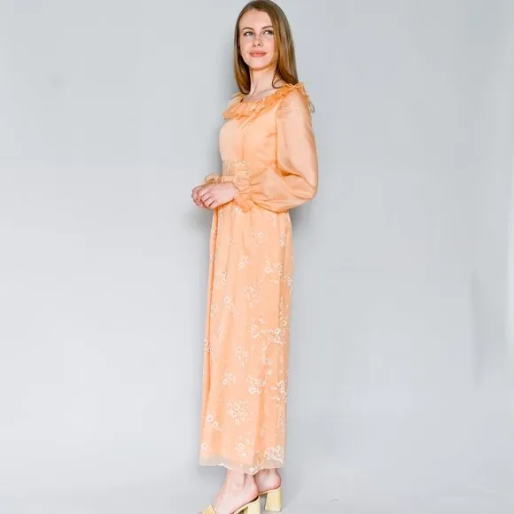 VINTAGE Floral Organza Apricot Maxi Dress XS