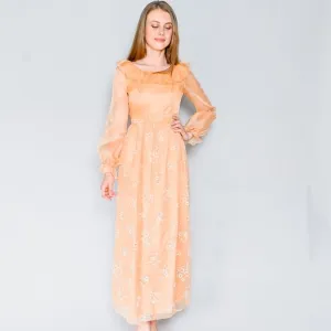 VINTAGE Floral Organza Apricot Maxi Dress XS
