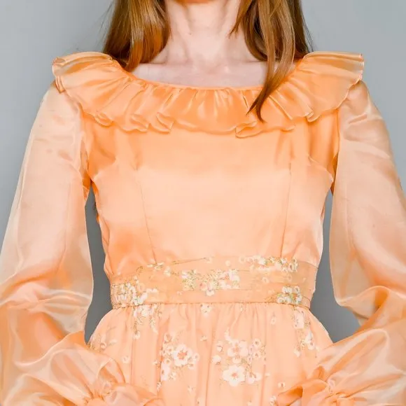 VINTAGE Floral Organza Apricot Maxi Dress XS