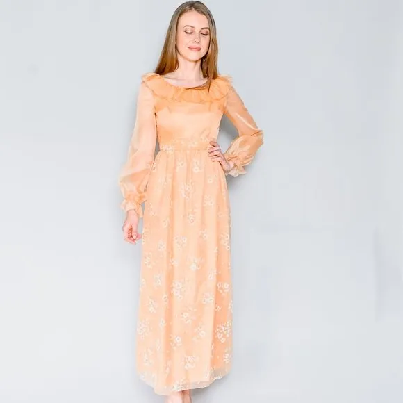 VINTAGE Floral Organza Apricot Maxi Dress XS