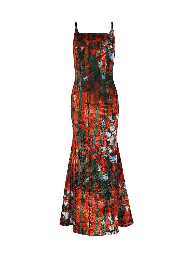 Vintage Ladies Velvet Print Slip Dress