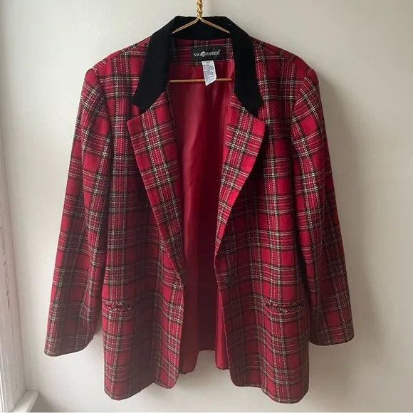 Vintage Tartan Plaid Blazer Women's Holiday Academia Preppy Sag Harbor Red Wool