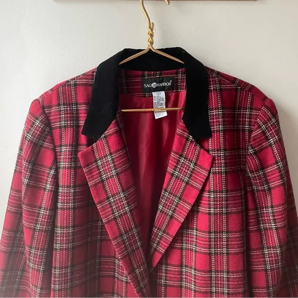 Vintage Tartan Plaid Blazer Women's Holiday Academia Preppy Sag Harbor Red Wool