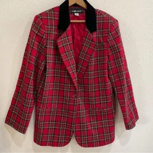 Vintage Tartan Plaid Blazer Women's Holiday Academia Preppy Sag Harbor Red Wool