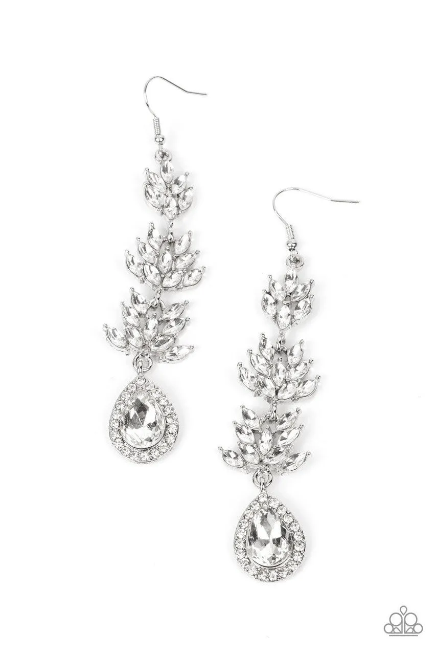 Water Lily Whimsy - White - Rhinestone Floral Teardrop Paparazzi Fishhook Earrings - February 2023 Life of the Party Exclusive