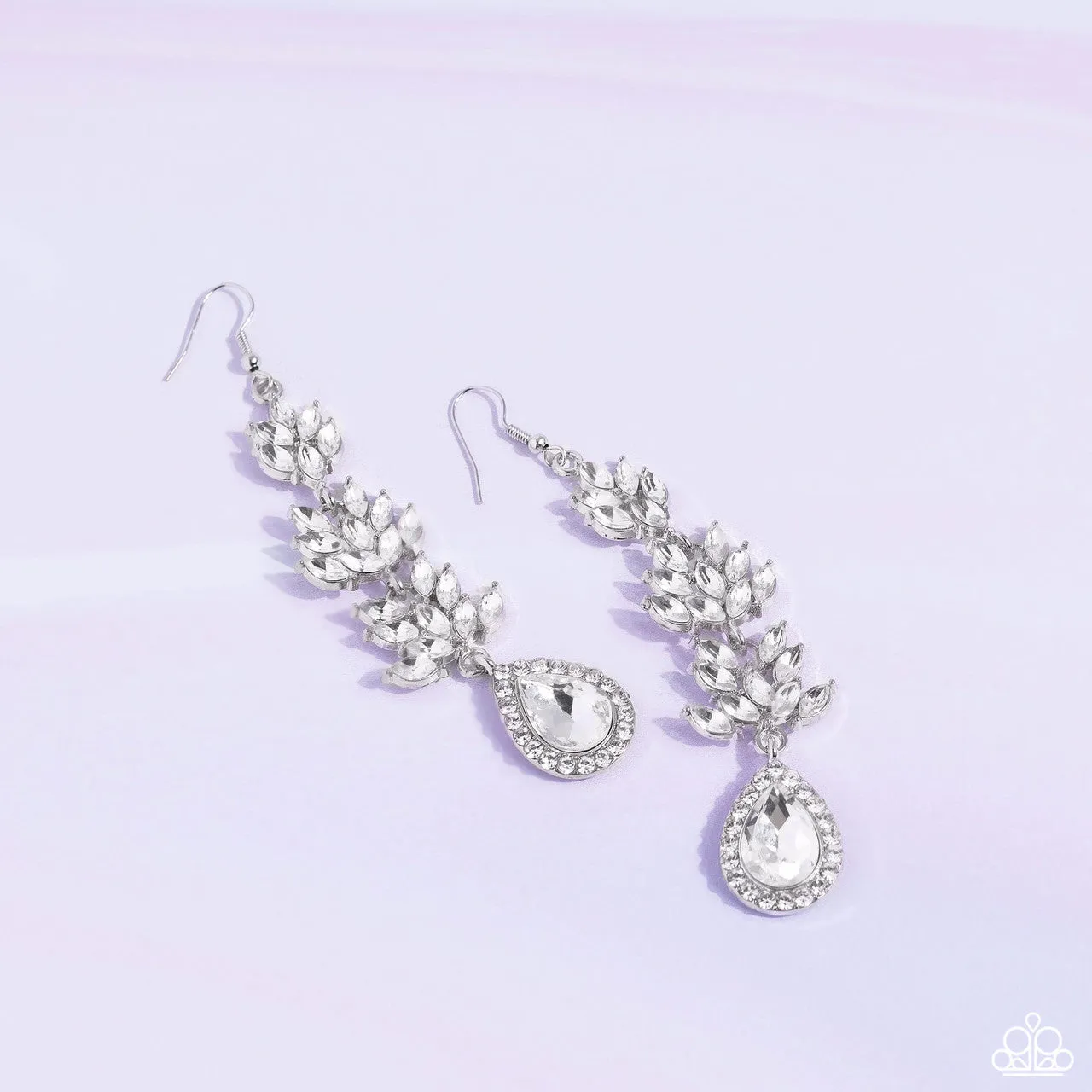 Water Lily Whimsy - White - Rhinestone Floral Teardrop Paparazzi Fishhook Earrings - February 2023 Life of the Party Exclusive