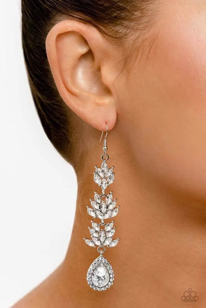Water Lily Whimsy - White - Rhinestone Floral Teardrop Paparazzi Fishhook Earrings - February 2023 Life of the Party Exclusive