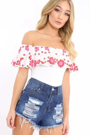 White Floral Print Bardot Frill Bodysuit - Klaudia