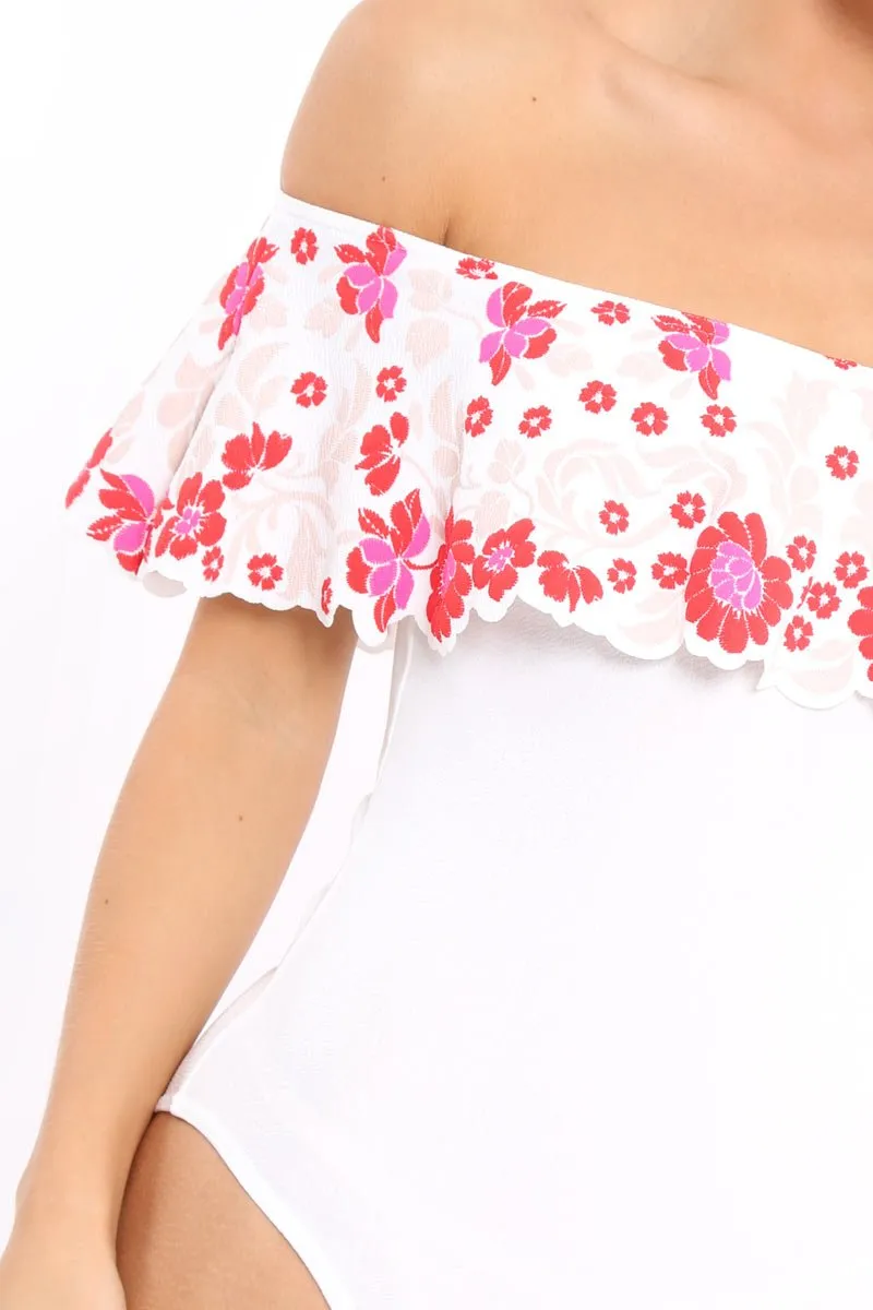 White Floral Print Bardot Frill Bodysuit - Klaudia