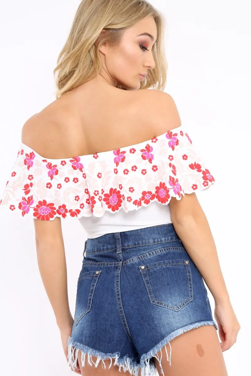 White Floral Print Bardot Frill Bodysuit - Klaudia
