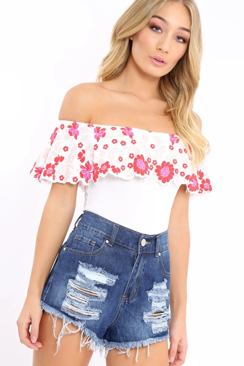 White Floral Print Bardot Frill Bodysuit - Klaudia