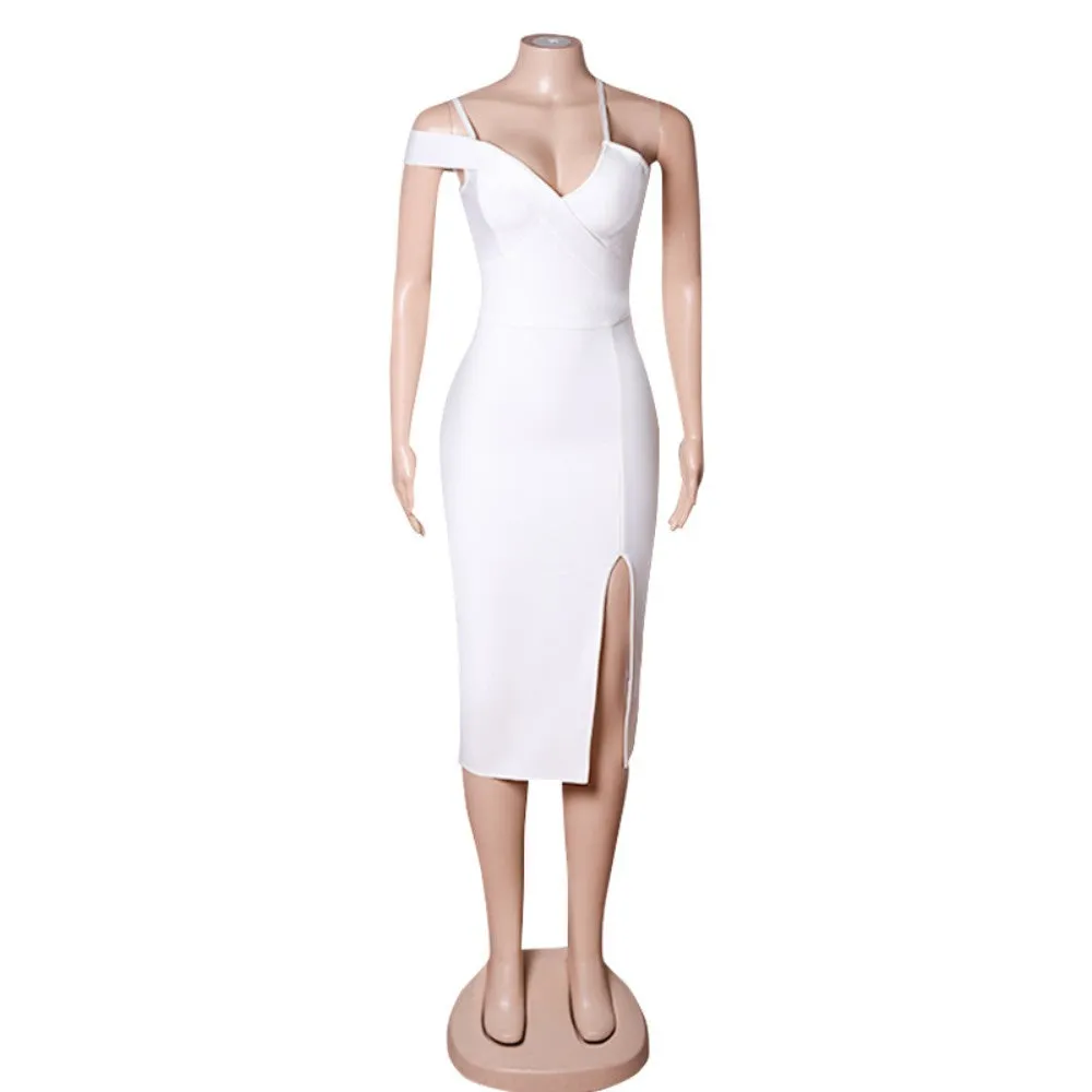 White Strappy Short Sleeve Midi Asymmetrical Bandage Dress