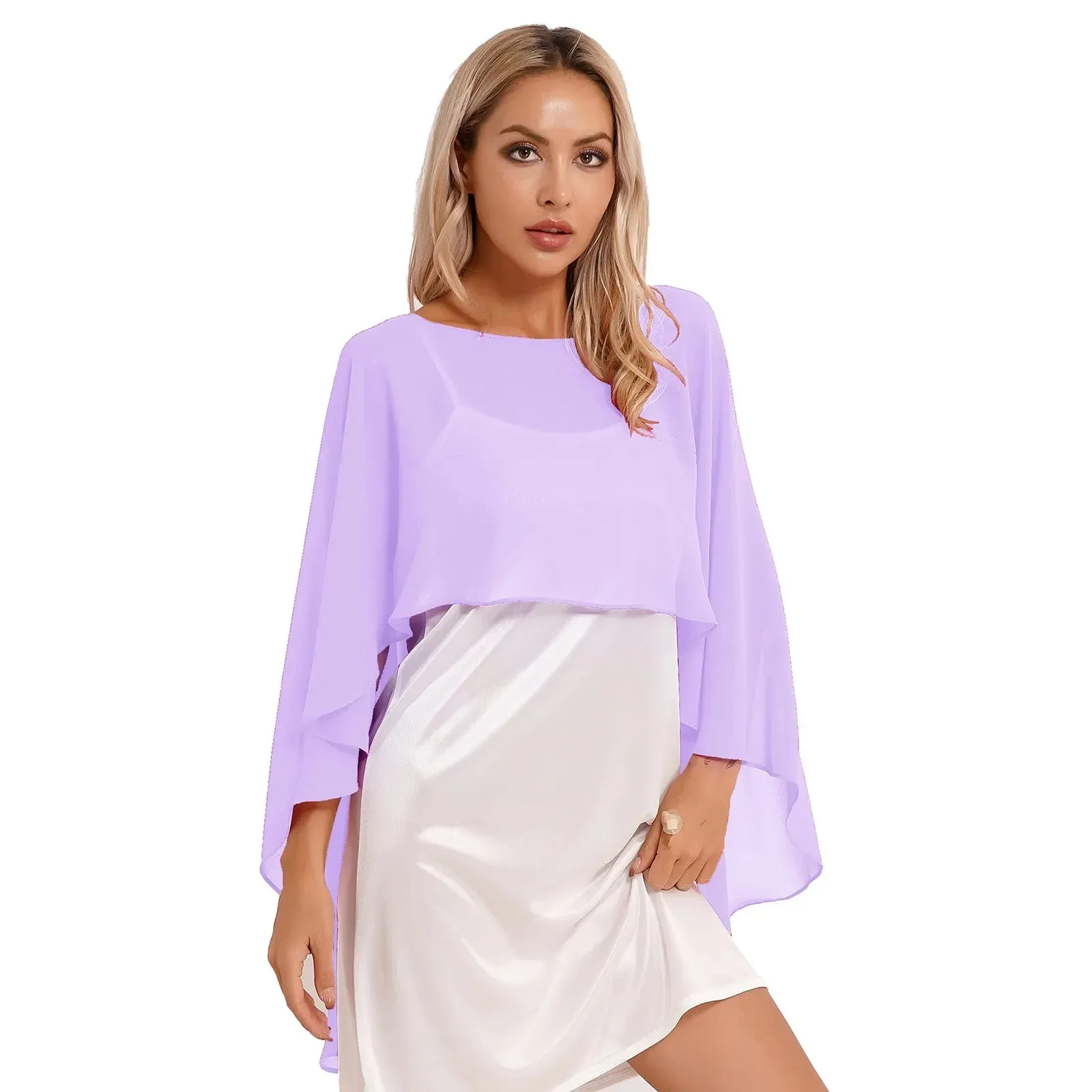 Women Chiffon Solid Pullover Capes Shawl Hi-low Hem Thin Soft Shrug Ponchos for Wedding Bridal Bridesmaid Evening Party Dress
