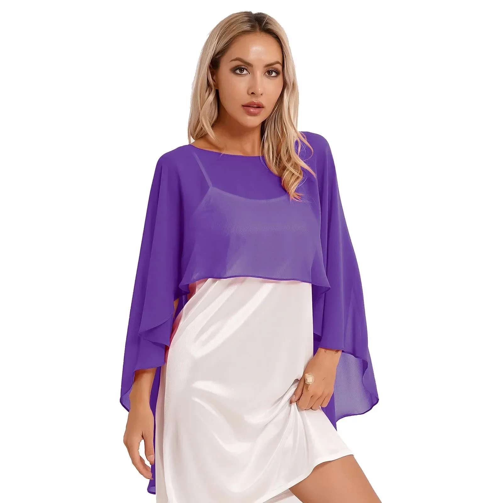 Women Chiffon Solid Pullover Capes Shawl Hi-low Hem Thin Soft Shrug Ponchos for Wedding Bridal Bridesmaid Evening Party Dress