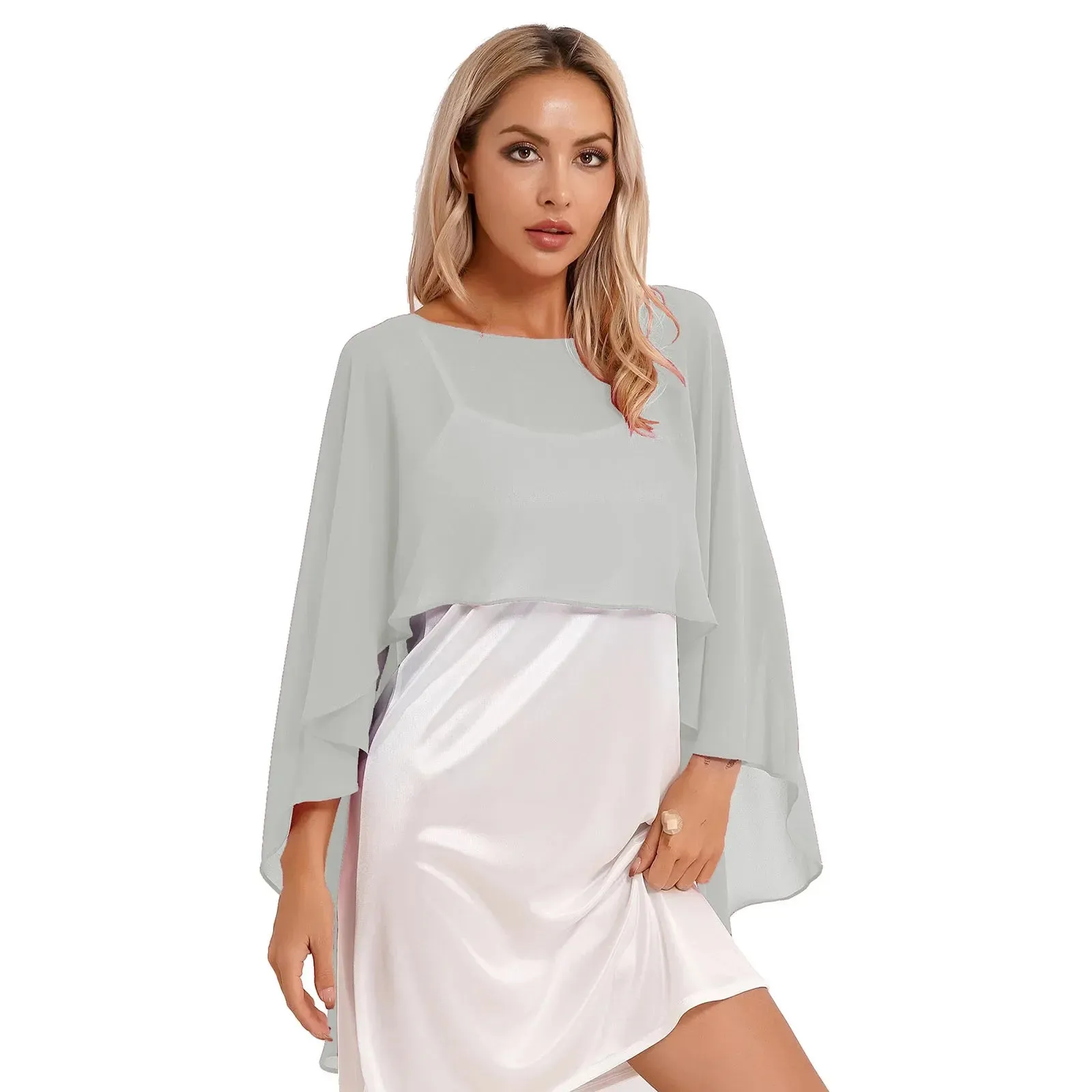 Women Chiffon Solid Pullover Capes Shawl Hi-low Hem Thin Soft Shrug Ponchos for Wedding Bridal Bridesmaid Evening Party Dress
