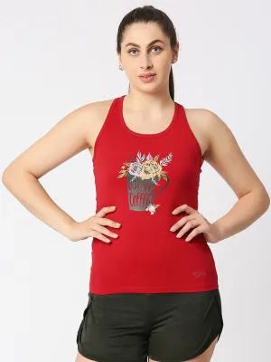 Women Red Solid Top - Floral Cup Racerback-Red