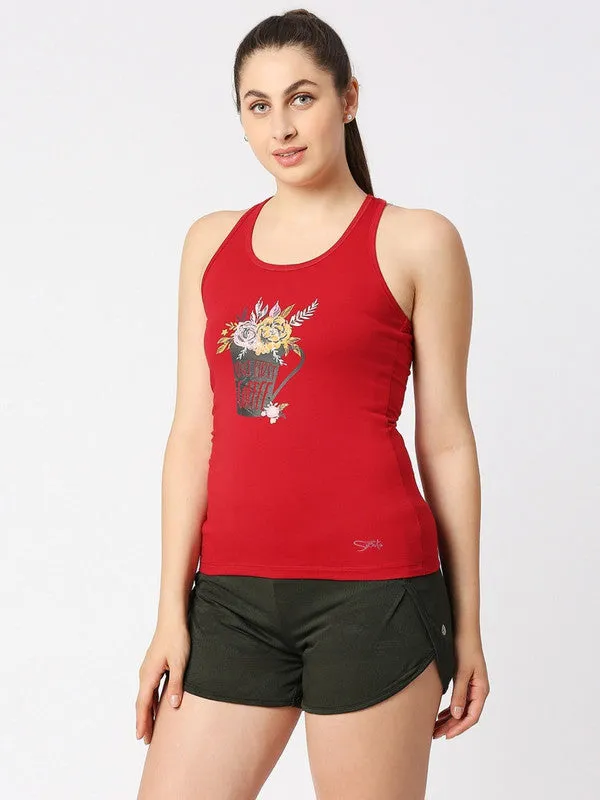 Women Red Solid Top - Floral Cup Racerback-Red