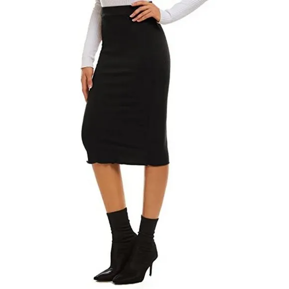 𝅺WOMEN'S Casual Ribbed Elastic Waist Lettcue Midi Skirt, Black