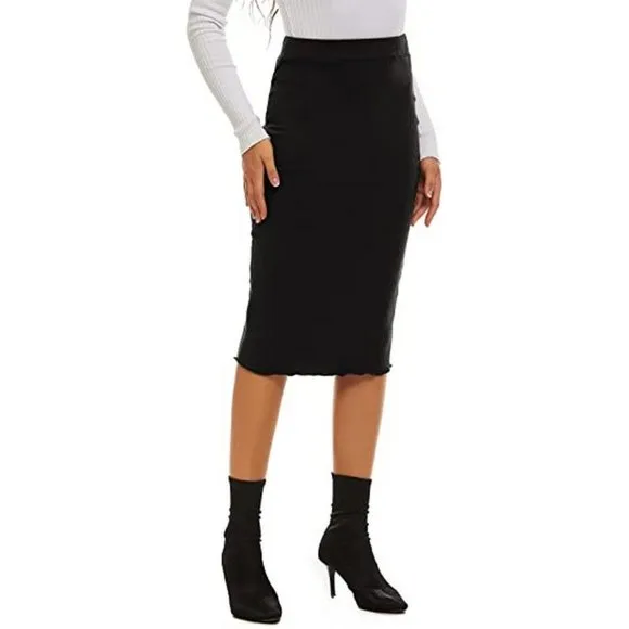 𝅺WOMEN'S Casual Ribbed Elastic Waist Lettcue Midi Skirt, Black