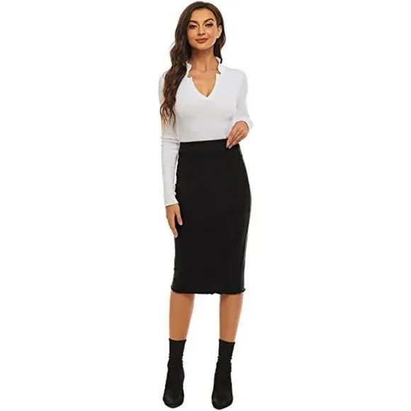 𝅺WOMEN'S Casual Ribbed Elastic Waist Lettcue Midi Skirt, Black