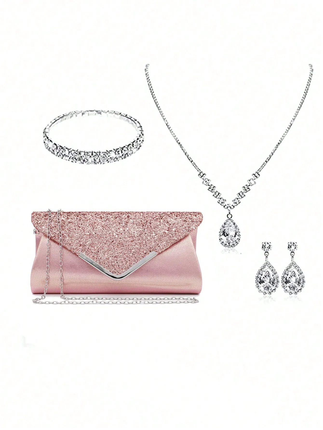 Women's Party Elegant Luxury Sequin Decor Evening Handbag Clutch Bag With Rhinestone Chain Shoulder Bag, Earrings, Necklace, Bracelet Set