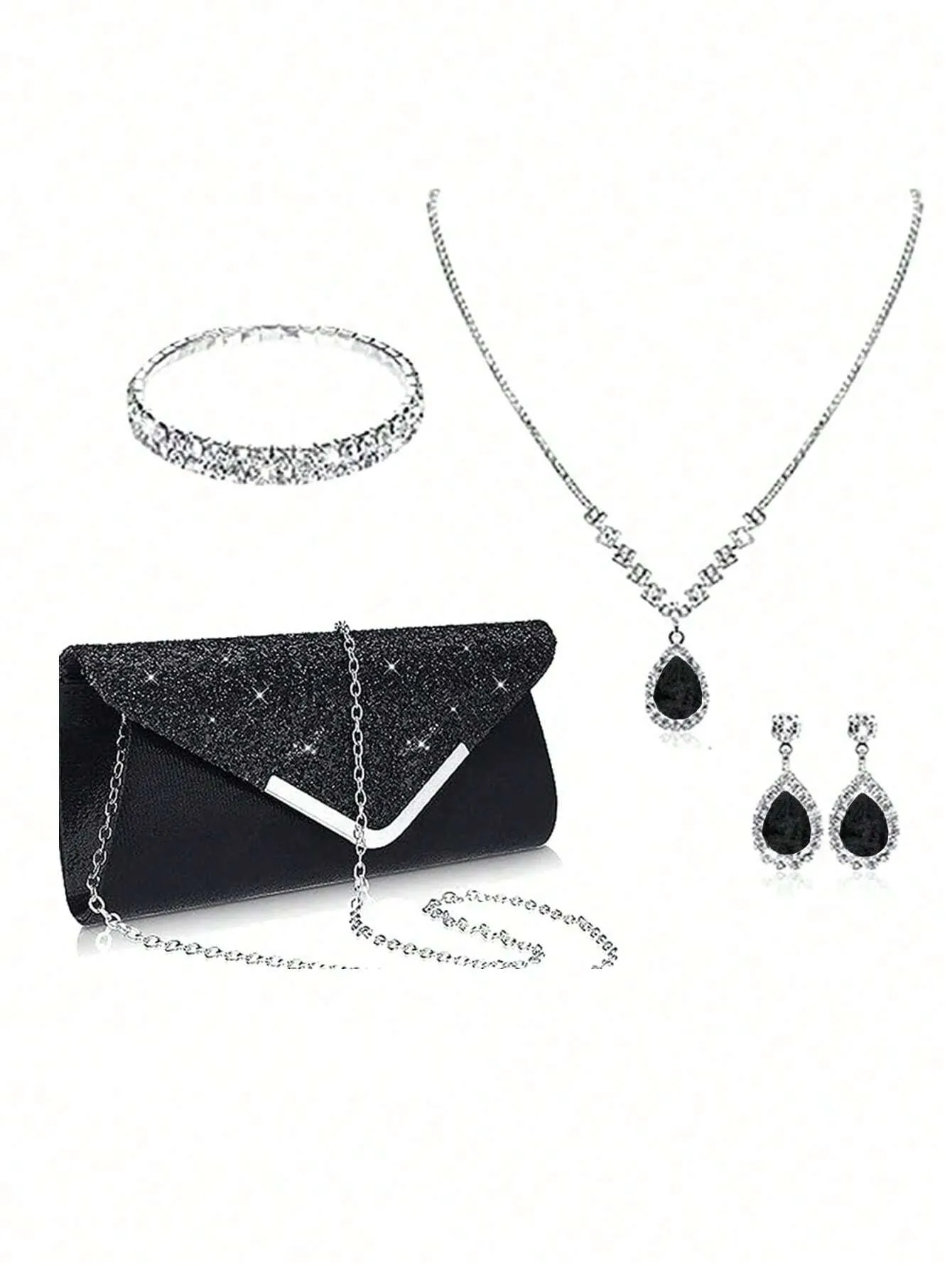 Women's Party Elegant Luxury Sequin Decor Evening Handbag Clutch Bag With Rhinestone Chain Shoulder Bag, Earrings, Necklace, Bracelet Set