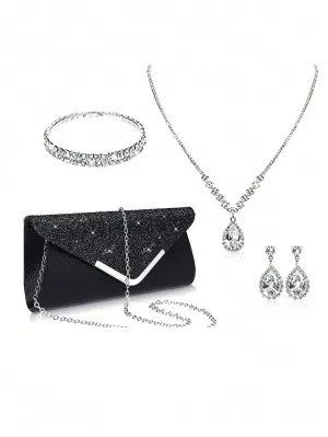 Women's Party Elegant Luxury Sequin Decor Evening Handbag Clutch Bag With Rhinestone Chain Shoulder Bag, Earrings, Necklace, Bracelet Set