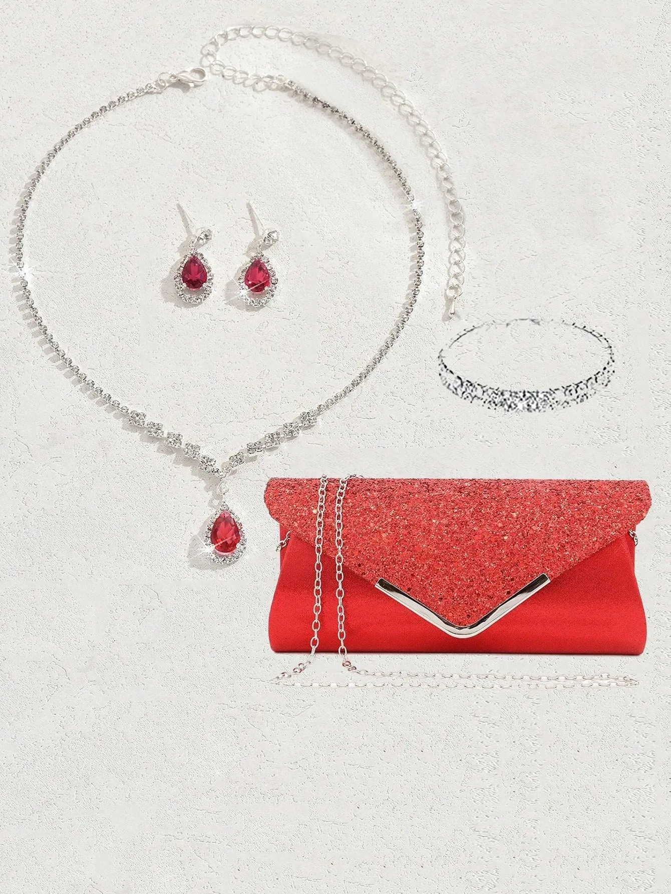 Women's Party Elegant Luxury Sequin Decor Evening Handbag Clutch Bag With Rhinestone Chain Shoulder Bag, Earrings, Necklace, Bracelet Set