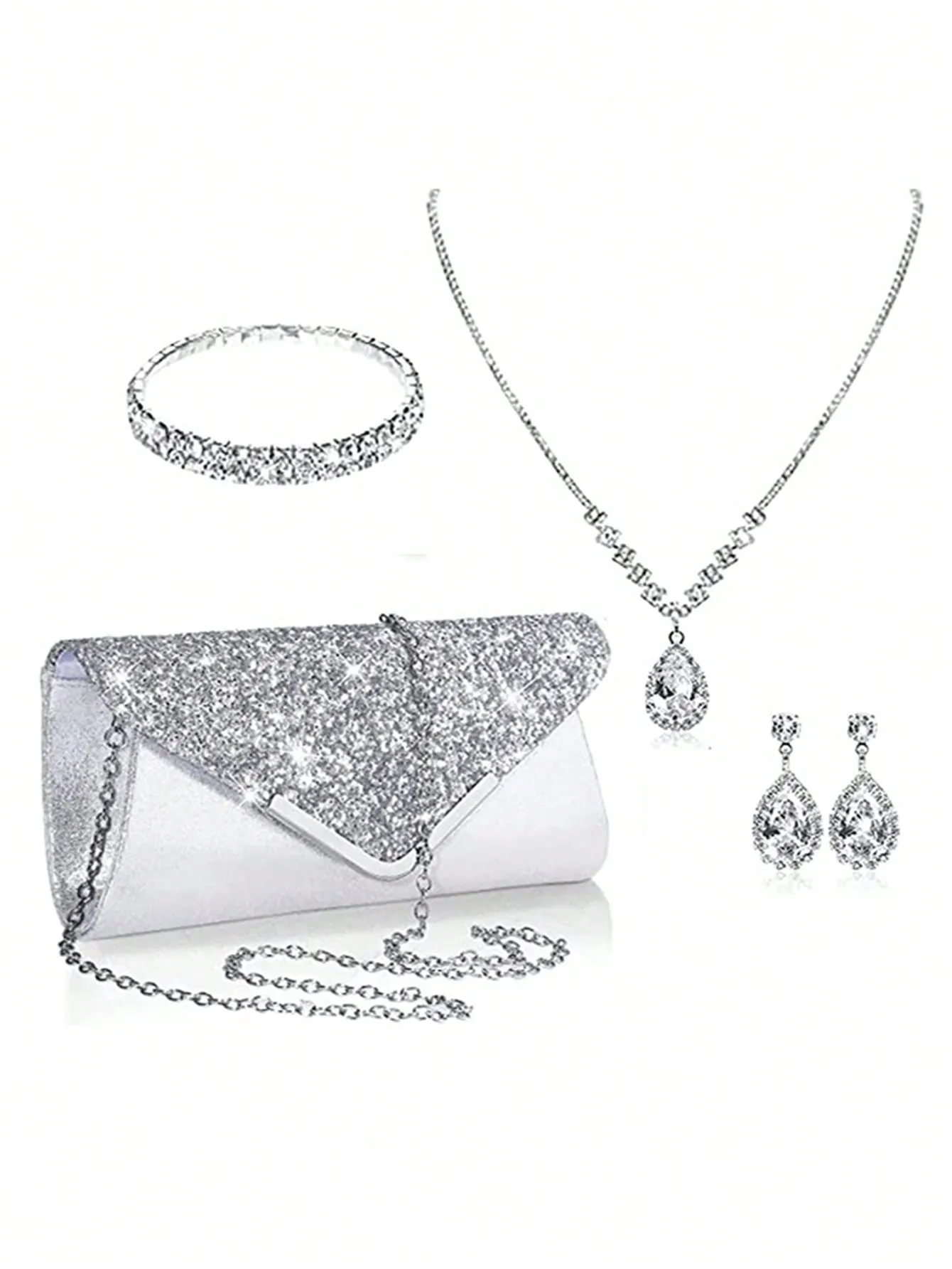 Women's Party Elegant Luxury Sequin Decor Evening Handbag Clutch Bag With Rhinestone Chain Shoulder Bag, Earrings, Necklace, Bracelet Set