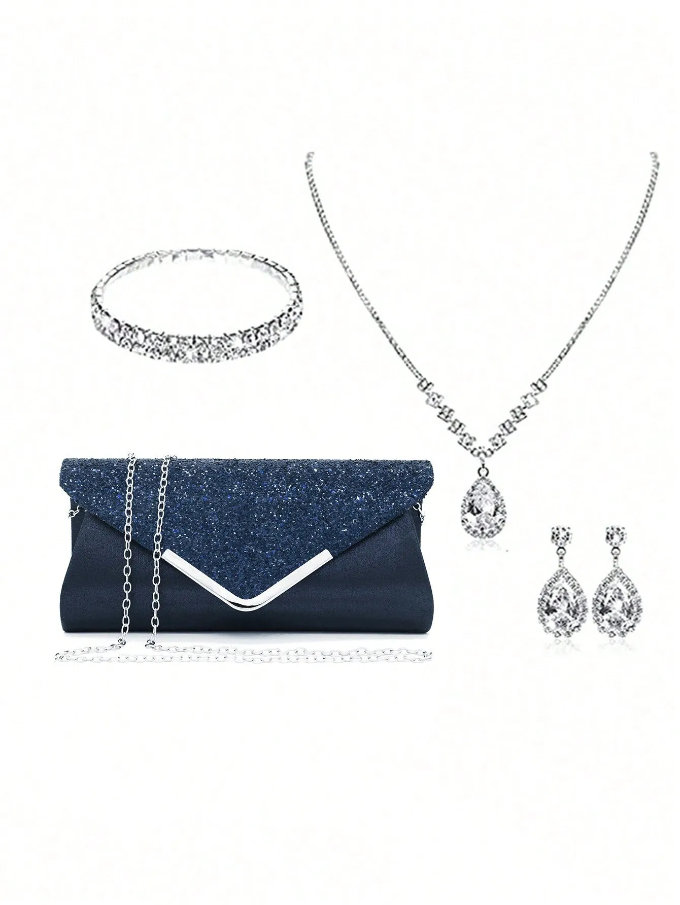 Women's Party Elegant Luxury Sequin Decor Evening Handbag Clutch Bag With Rhinestone Chain Shoulder Bag, Earrings, Necklace, Bracelet Set