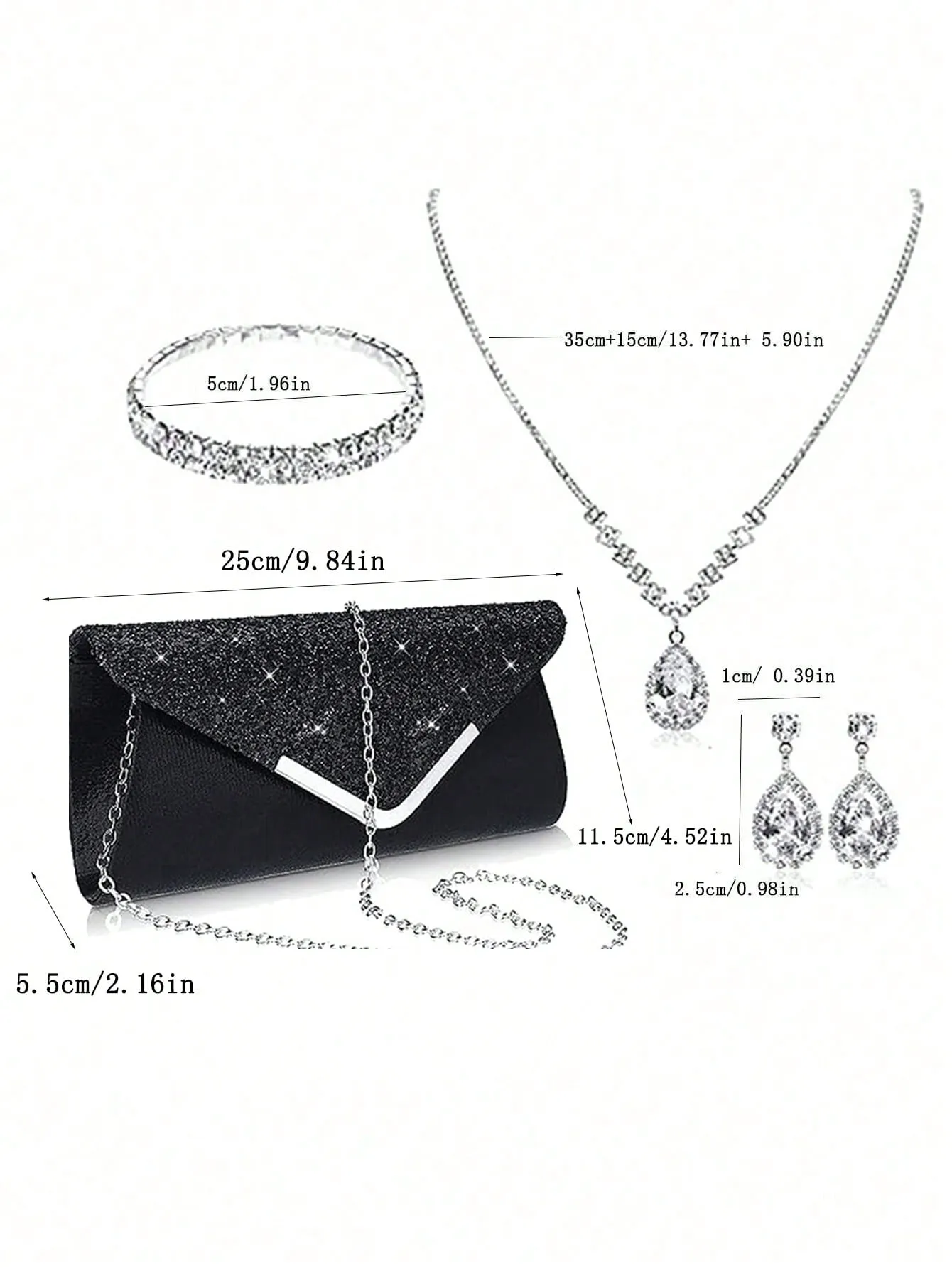 Women's Party Elegant Luxury Sequin Decor Evening Handbag Clutch Bag With Rhinestone Chain Shoulder Bag, Earrings, Necklace, Bracelet Set