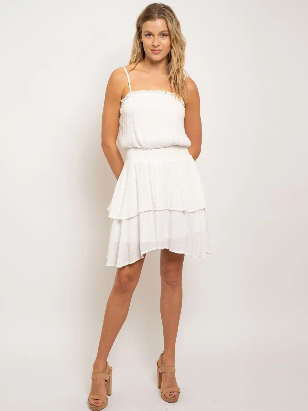 WOMEN'S TIE SHOULDER STRAP RUFFLE TIERED DRESS