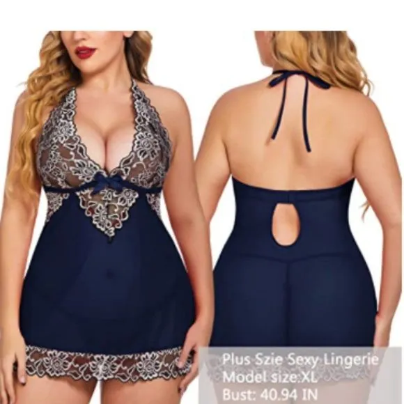 Women V-Neck Lingerie Lace Babydoll Mesh Chemise Nightwear