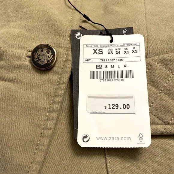 Zara Military Style Tan Blazer Size XS NWT