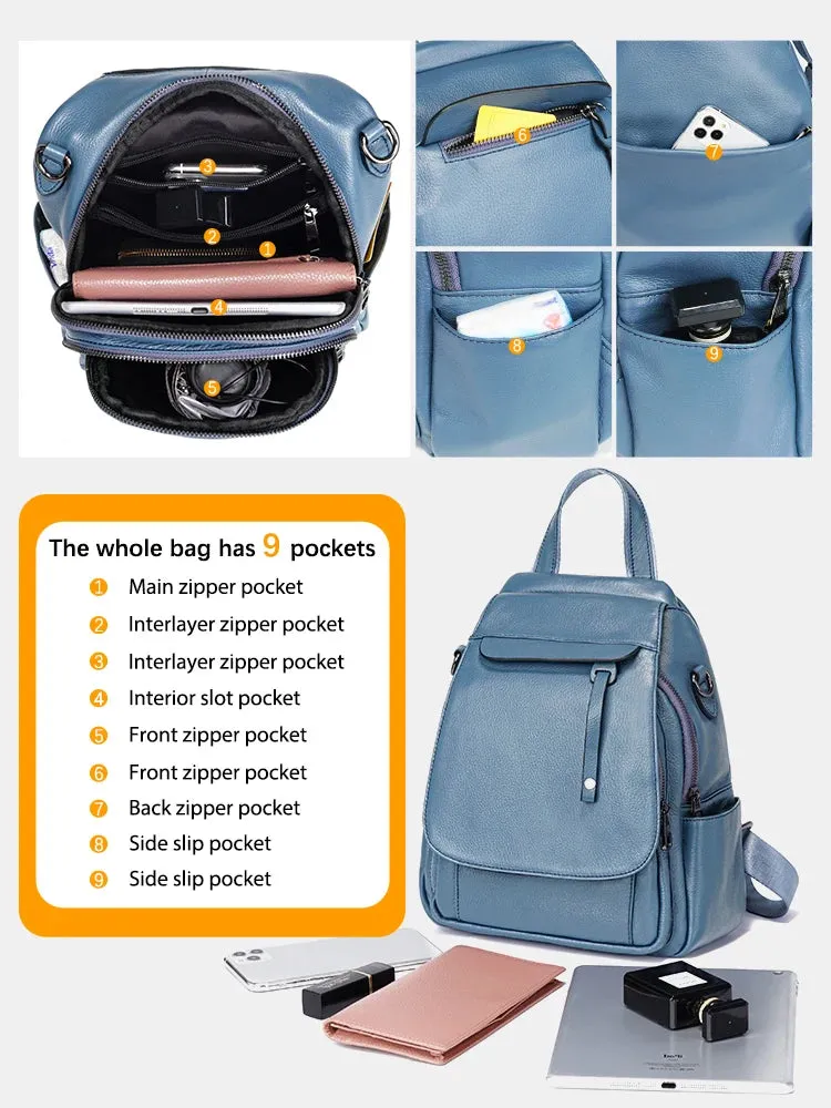 Zency Small Leather Backpack Satchel Fashion Shoulder Bag For Women With Many Pockets Flap Cover Anti-theft Rucksack