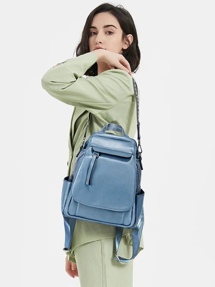 Zency Small Leather Backpack Satchel Fashion Shoulder Bag For Women With Many Pockets Flap Cover Anti-theft Rucksack
